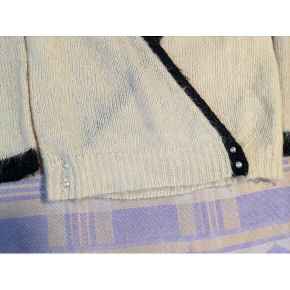 Michael Carrie Mohair Sweater Cream Black Medium Flower Silver Buttons Vintage - Picture 7 of 9